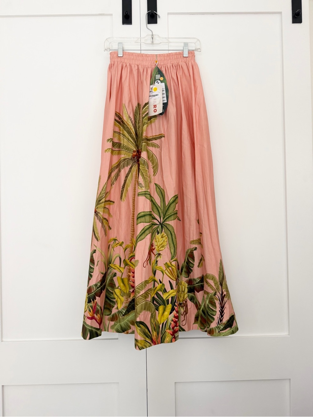 FARM Rio Coral Pink Maxi Skirt with Tropical Banana Palms